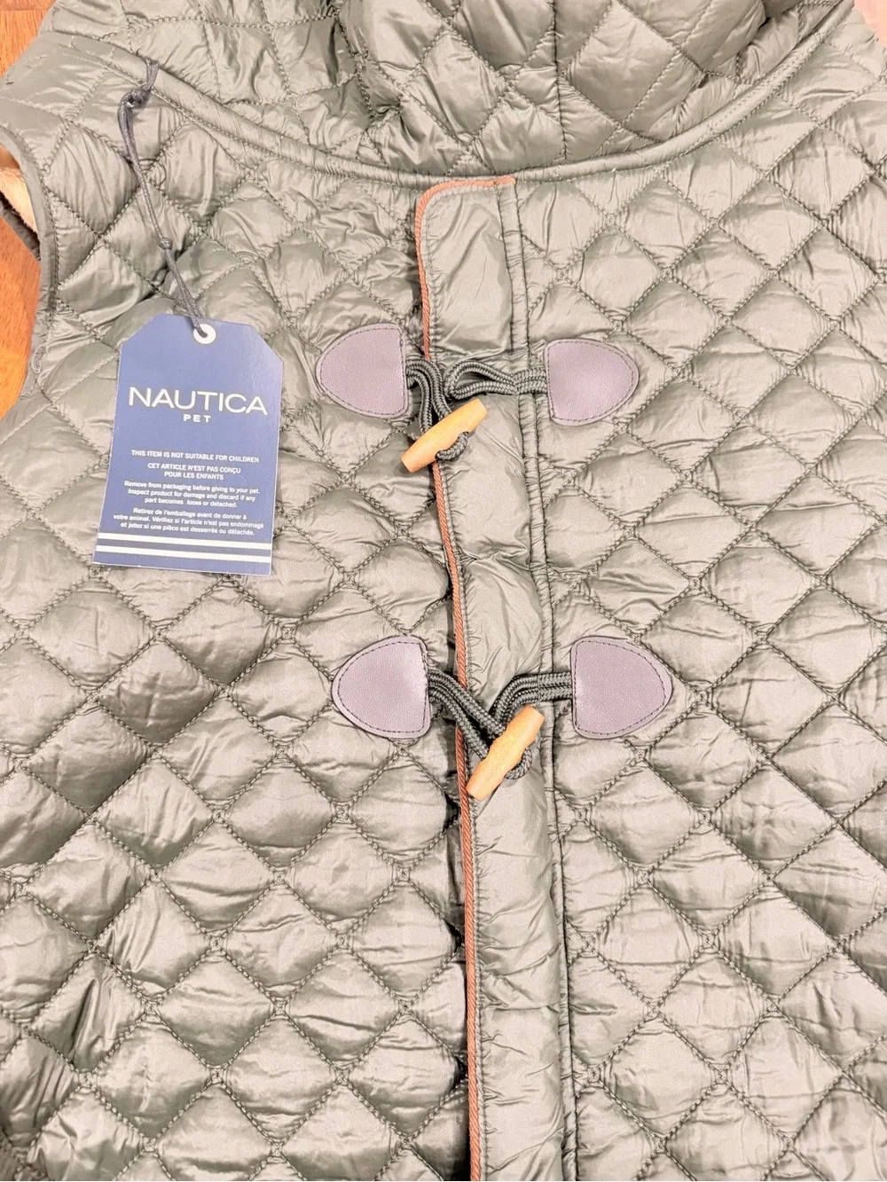 Dog Pet Nautica Olive Green Quilted Hooded Vest with Beige Lining